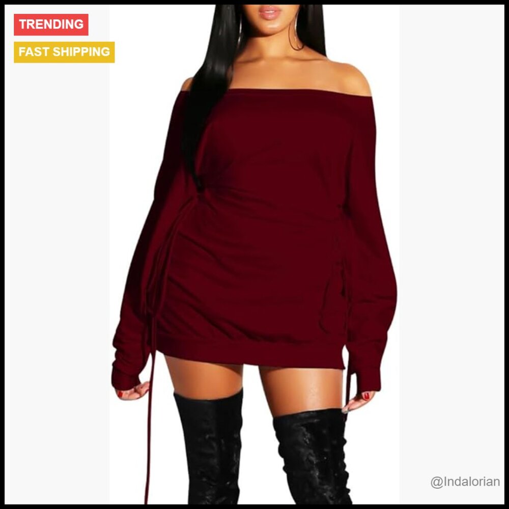 Off Shoulder Lace Up Long Sleeve Mini Dress, Polyester Spandex